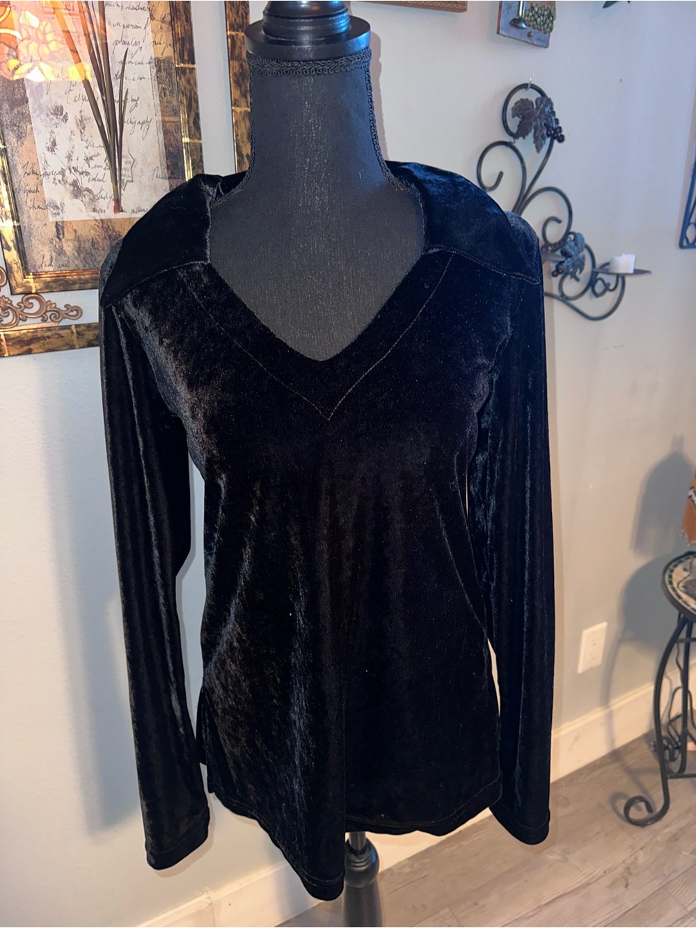 Vintage 90s Necessary Objects Black Velvet V-Neck Long-Sleeve Collared Top, Sz S